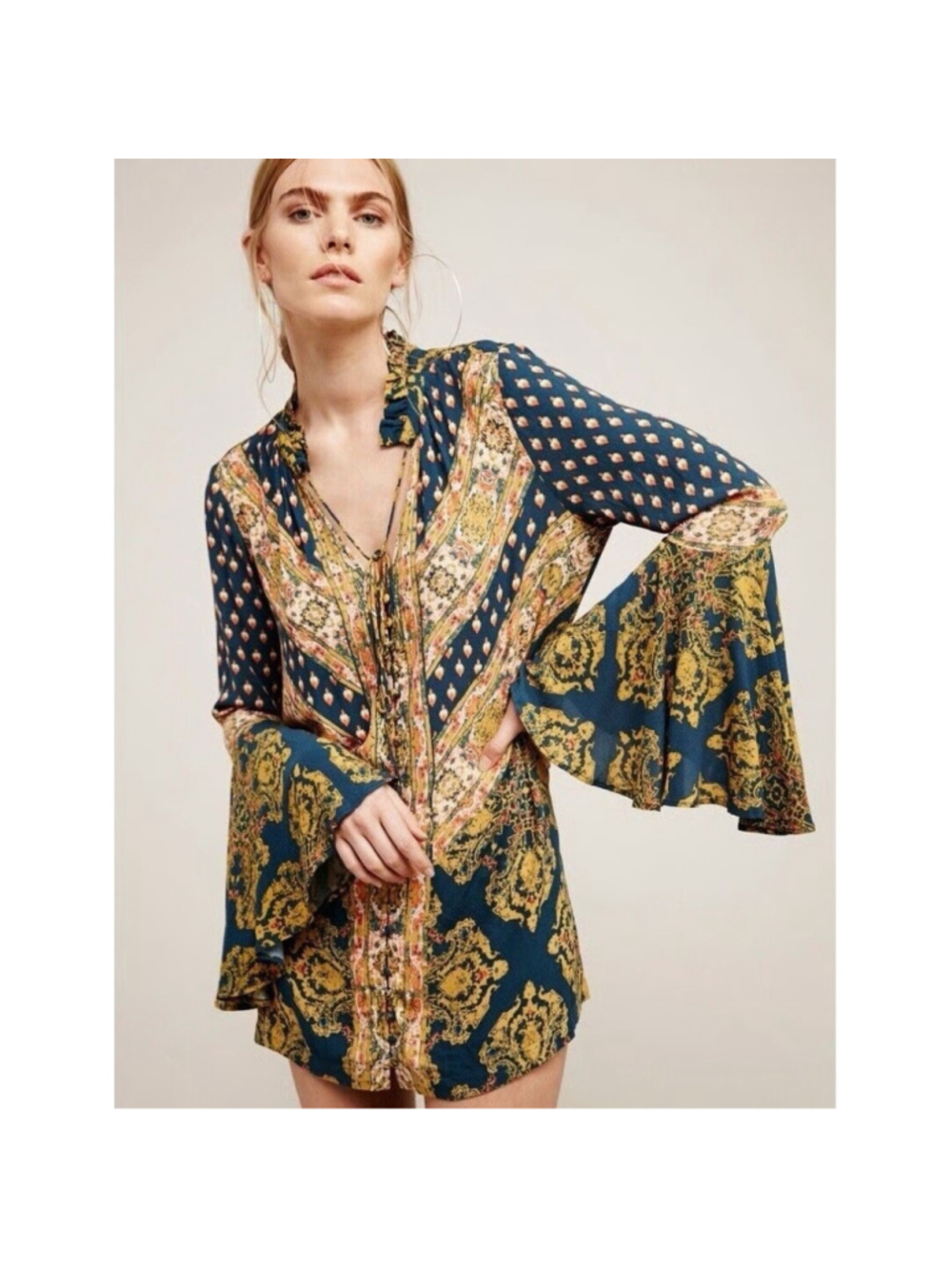 Free People Magic Mystery Tunic Top Size S Paisley Boho Bell Sleeve Floral
